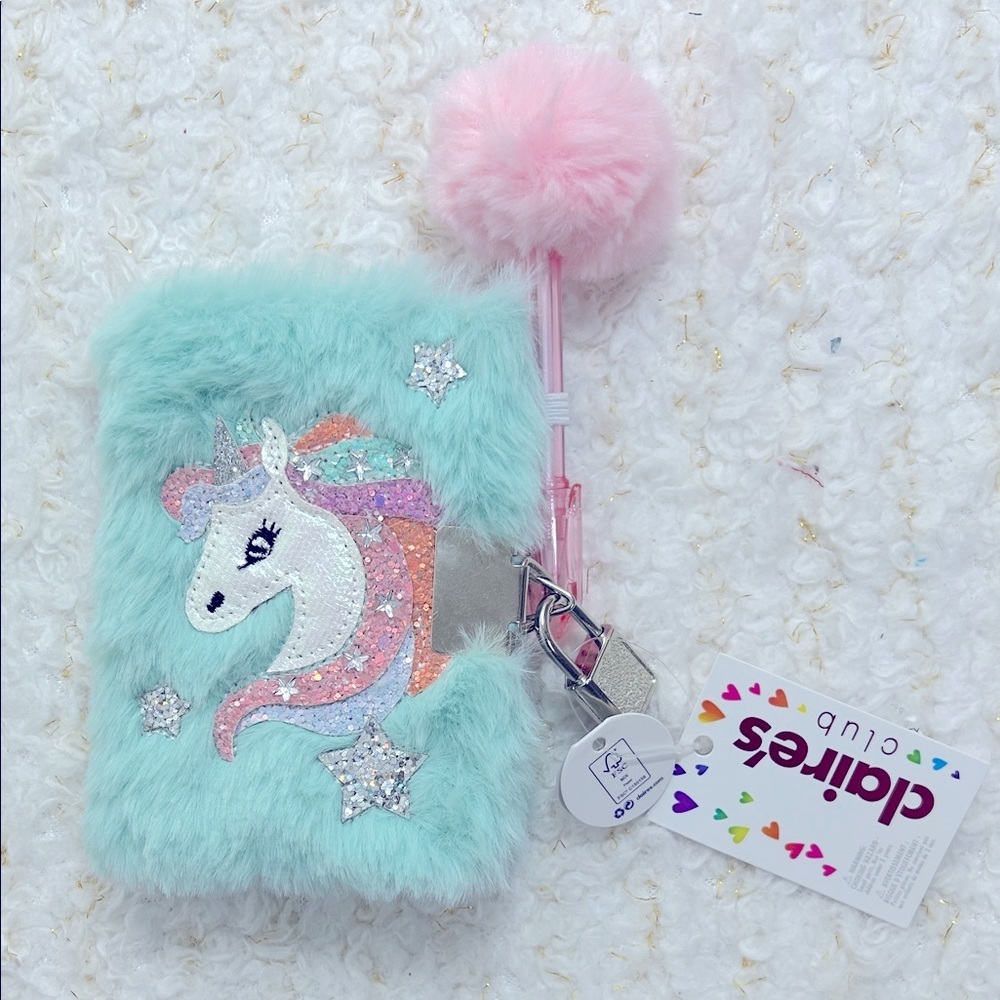 Claire's Mint Unicorn Fluffy Diary‎ with Pink Pom-Pom Pen